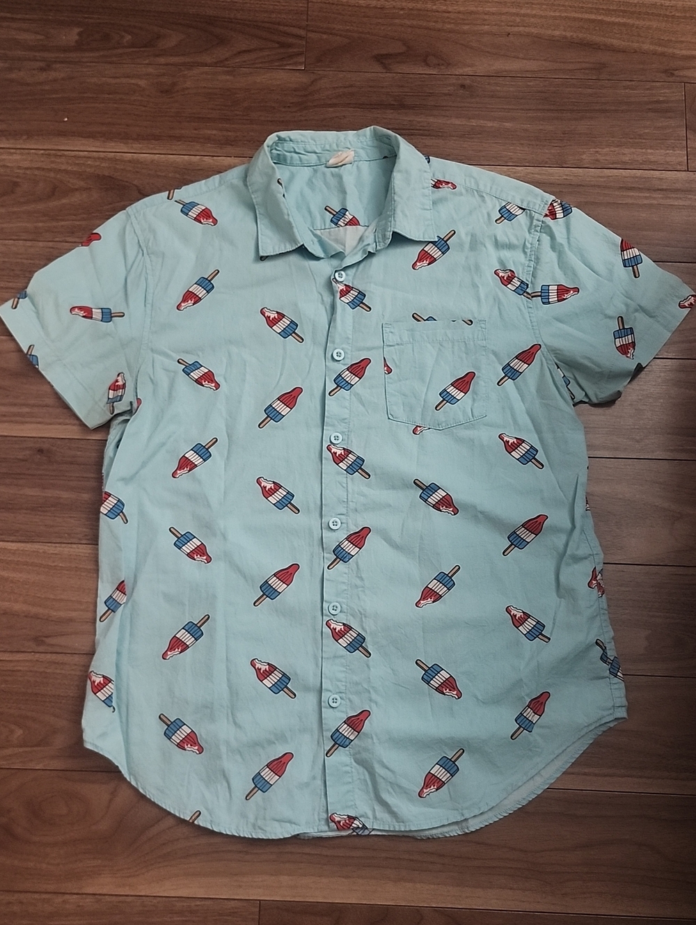 2/$18🌹Button-Up Shirt, Light Blue Short-Sleeve with Popsicle Print
